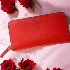 Kate Spade Large Continental Wallet Bright Red Gold Foil Polkadots EUC